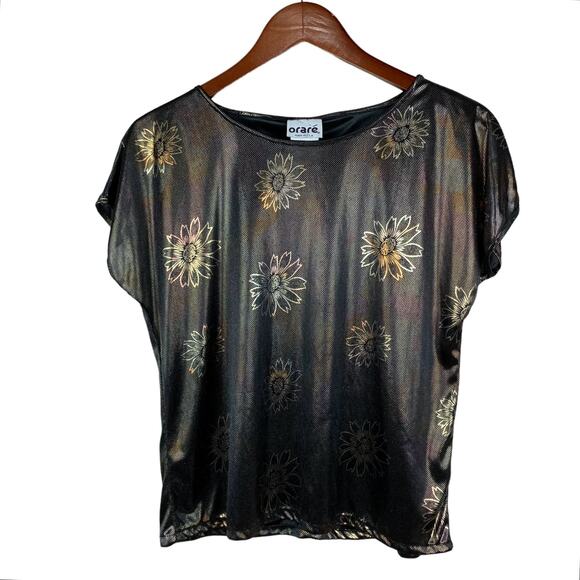 Vintage Orare Blouse Top Short Sleeve Shiny Metallic Flowers Women's 12 - Picture 1 of 6